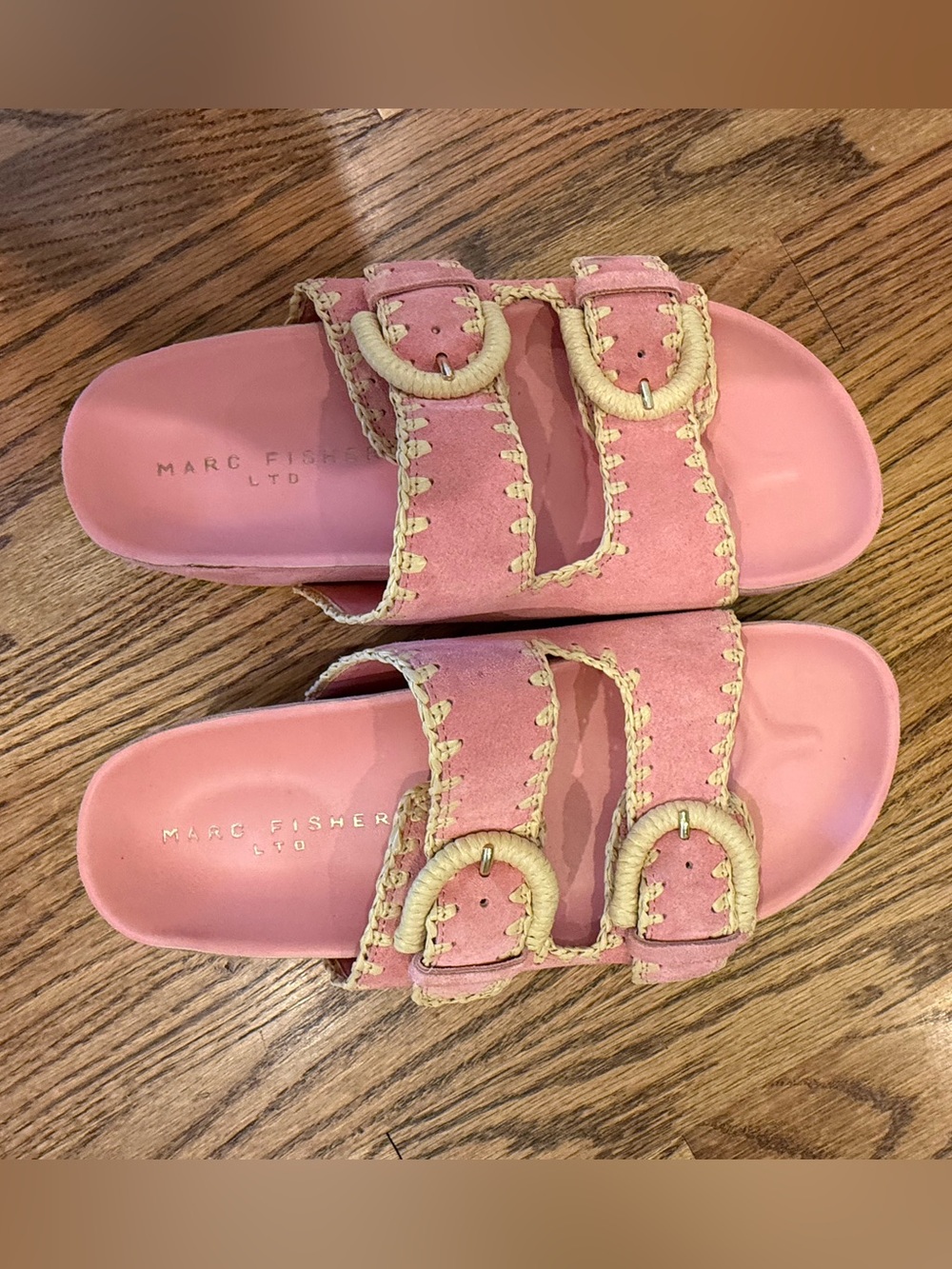 Marc Fisher Pink Suede Double-Buckle Sandals with Cream Braided Trim